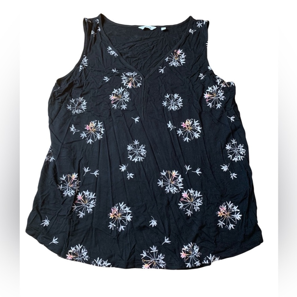 💜 Reitmans Black Sleeveless V-Neck Top Floral Dandelion Print - Large